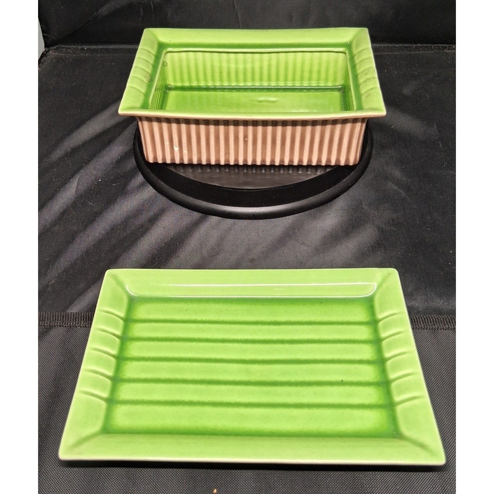 Vintage Roselane Pasadena Pottery Planter and Underplate Set Green Brown S3